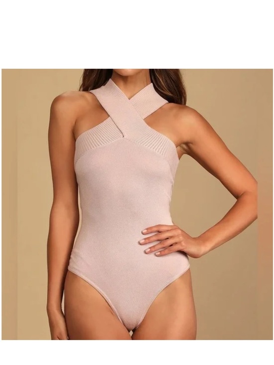 Lulus Tops - Lulu's Pale Pink Ribbed Halter Bodysuit